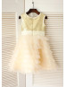 Gold Sequin Champagne Ruffled Tulle Cute Flower Girl Dress